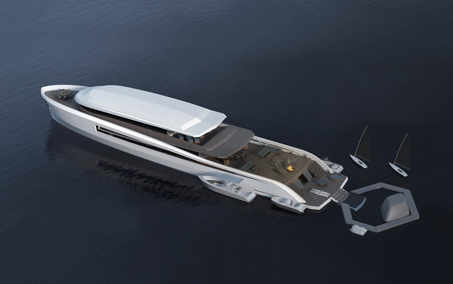 The Pastrovich X-Easy features a variety of "toys," including a jet-ski, inflatables, small sailboats, a jellyfish pool and stand up paddle boards