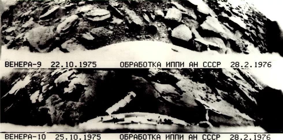 Surface photographs of Venus taken from the Soviet Venera 9 and 10 spacecraft