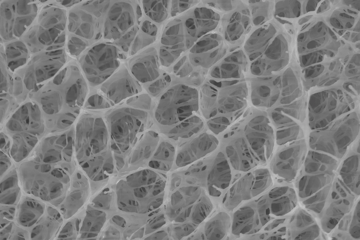 A microscope image of hydrogel's open-pored loofah-like structure
