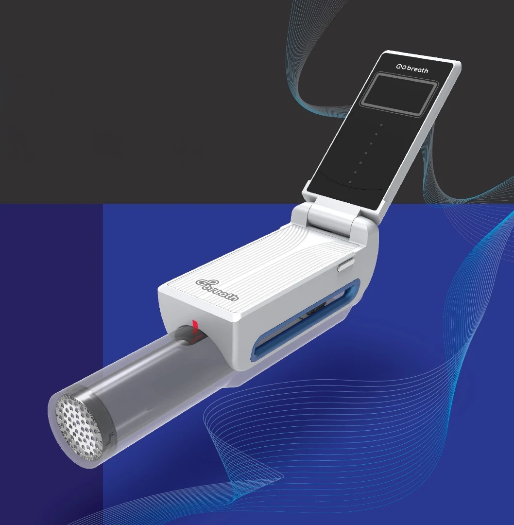The GoBreath device looks kind of like an inhaler, although it also has a flip-up LCD screen on which a custom app runs