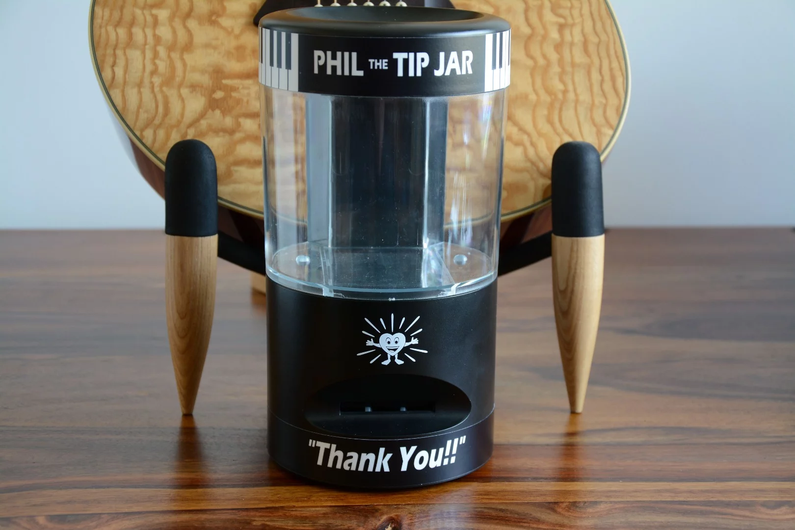 Ready for its first performance: Phil the Tip Jar encourages interaction with and support from fans