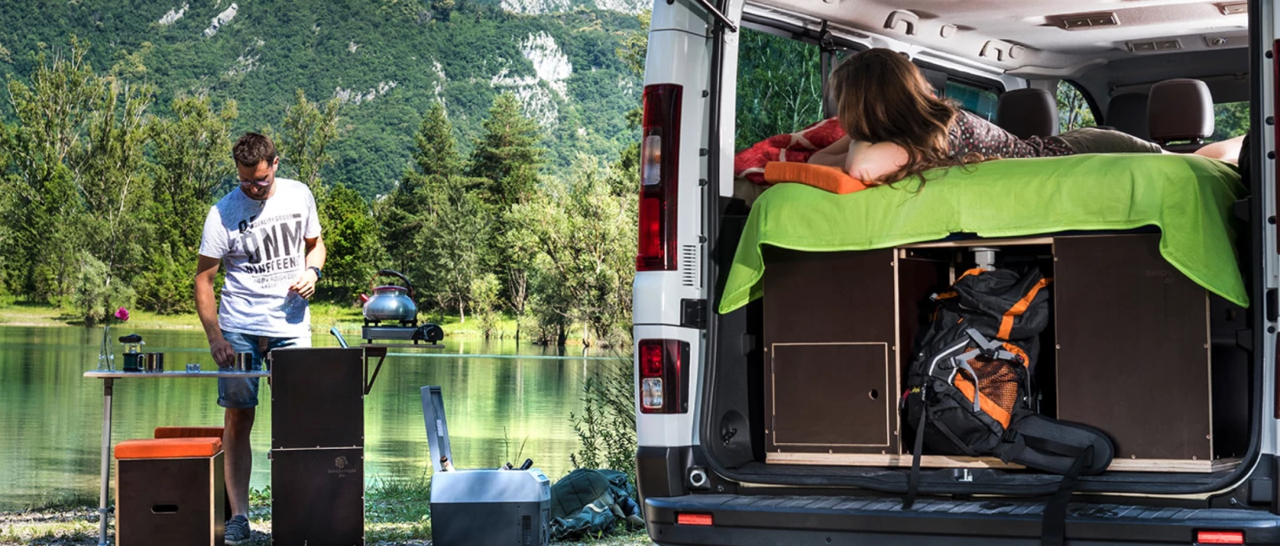 The Girovaga Box kit creates a two-person camper van and outdoor kitchen, but you'll need two Girovaga kits to recreate this particular photo