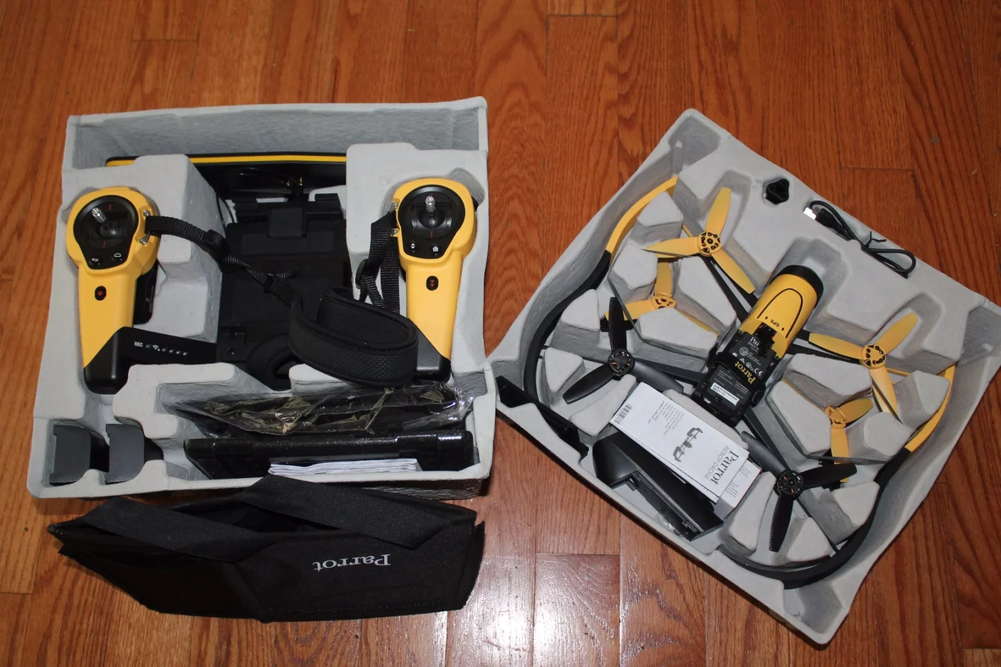 The Parrot Bebop and Skycontroller package includes all the accessories, tools, cables, and extra rotors to get started, along with three 11-minute batteries to interchangeably power both devices