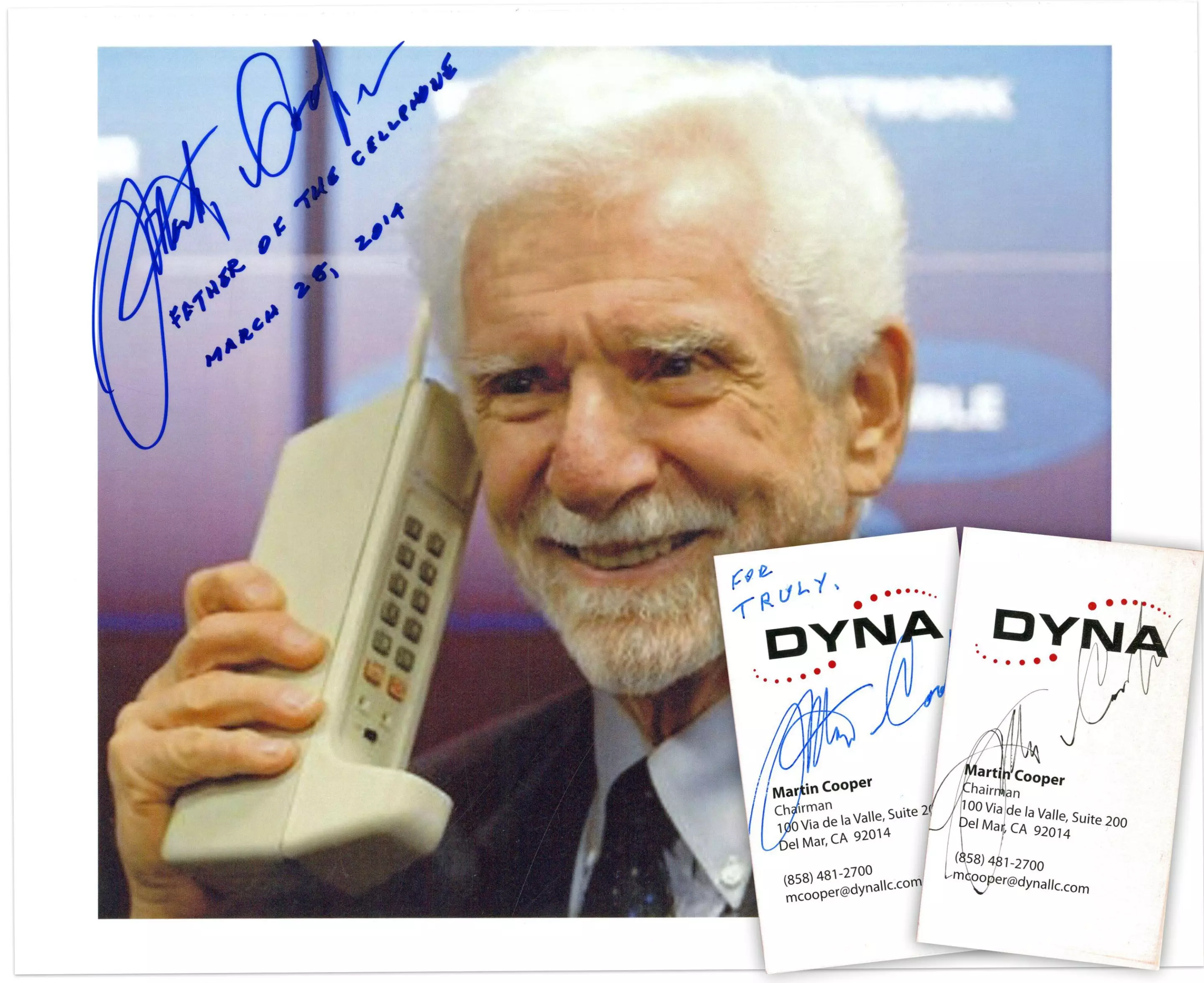 On 3 April 1973, American engineer Martin Cooper and his team at Motorola placed the first successful call on a handheld cellphone, a landmark device which has changed the world. In 2022, the pictured image of Cooper, signed and inscribed as "Father of the Cell Phone" plus two business cards, sold for $90.