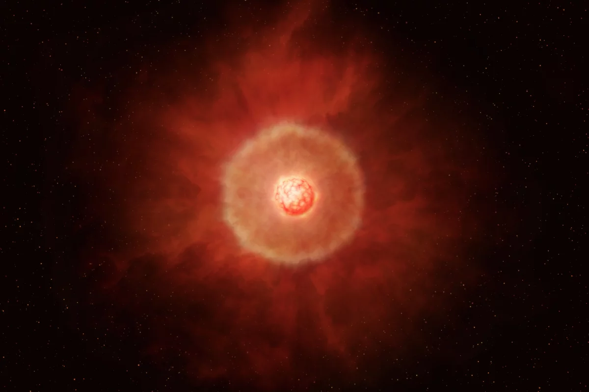 An artist's impression of an asymptotic giant branch (AGB) star, a significant producer of space dust that a new study has found affects the star's brightness