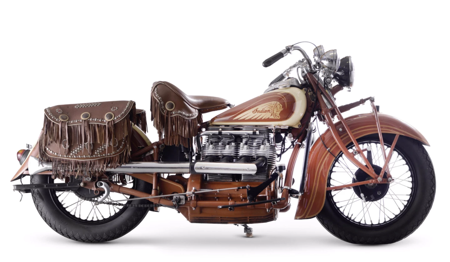 This 1938 Indian 77.21ci Model 438 Four, Lot 52 at Bonhams Lonatti Collection Sale (17-Oct-15) is estimated to sell for between £26,000 and 32,000 ($39,000 and $49,000)