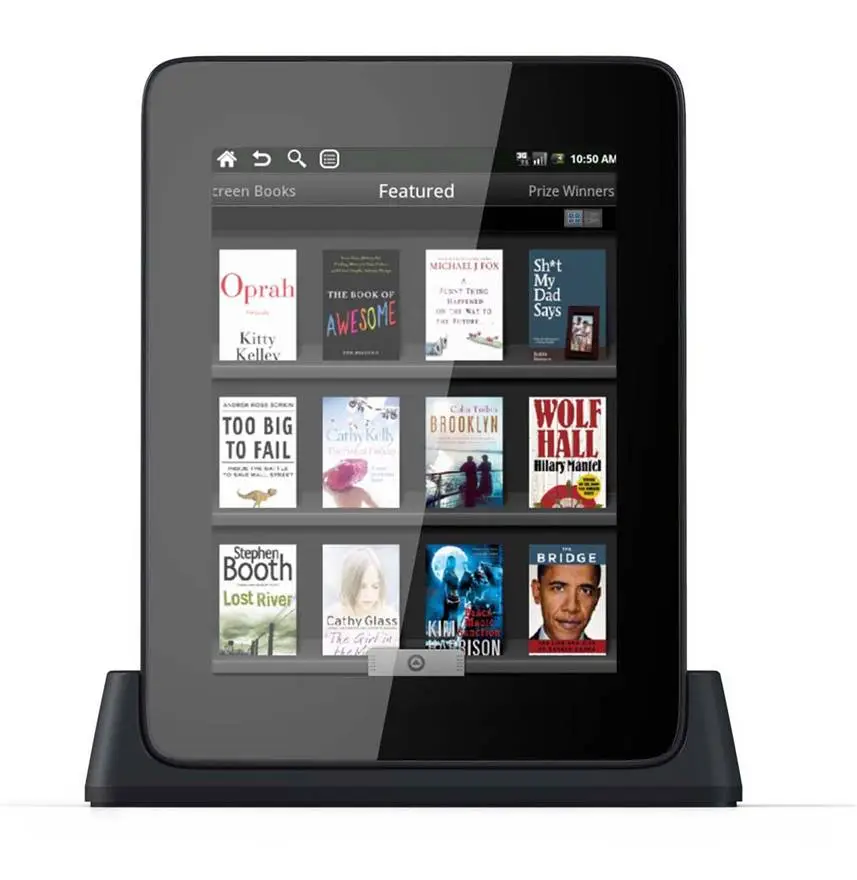 The Cruz reader docked, showing the Borders eBook library portal application