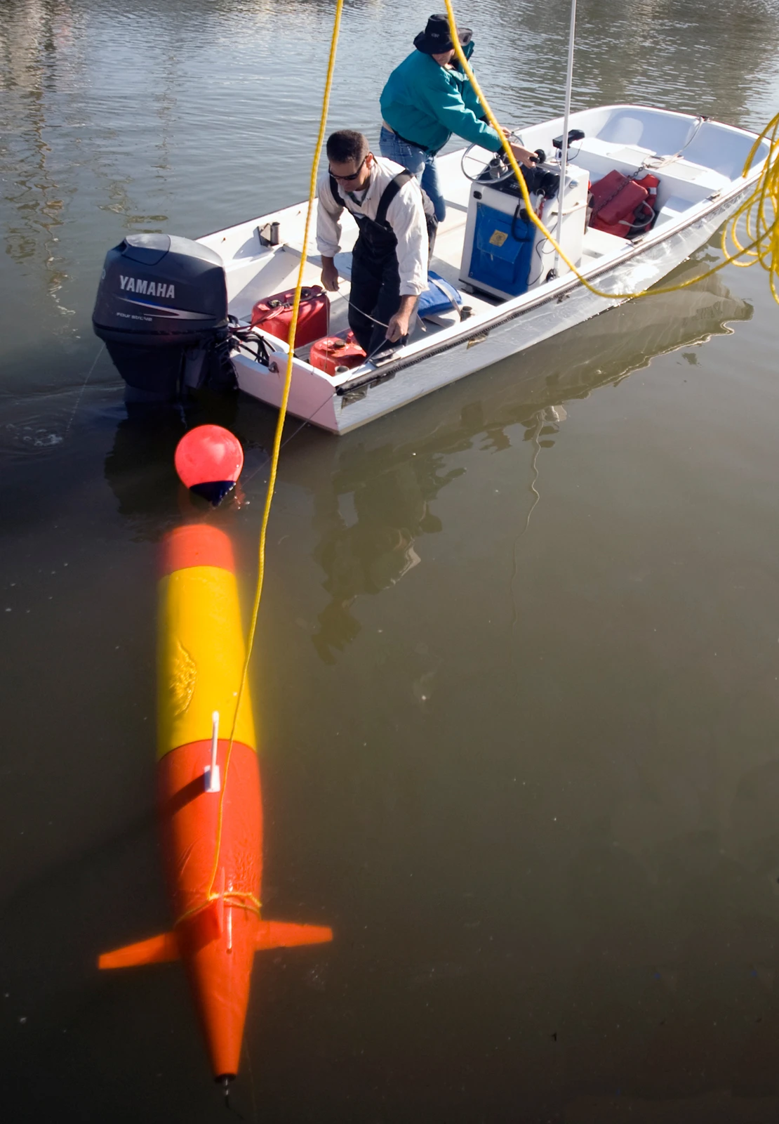 Towing Tethys behind a small boat in Moss Landing Harbor (Image: Todd Walsh copyright 2010 MBARI)