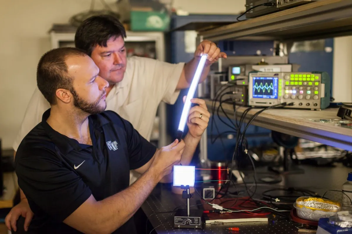David Carroll (right) and graduate student Greg Smith, with a couple of the FIPEL lights