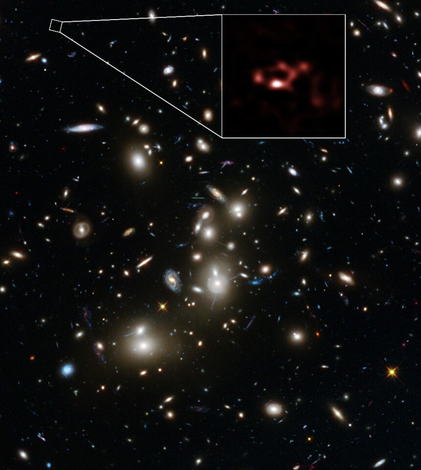 A Hubble/ALMA view of the Galaxy Cluster Abell 2744, with the distant galaxy A2744_YD4 blown up in the box
