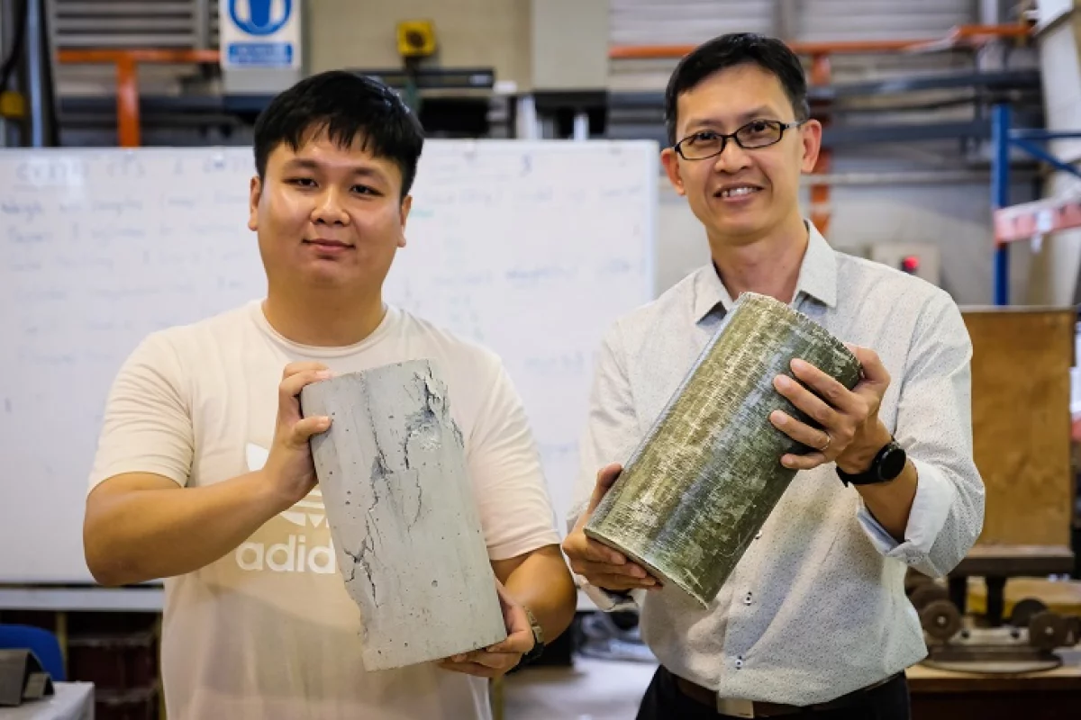 A bare cracked concrete pillar (left), and one reinforced with FasRaP