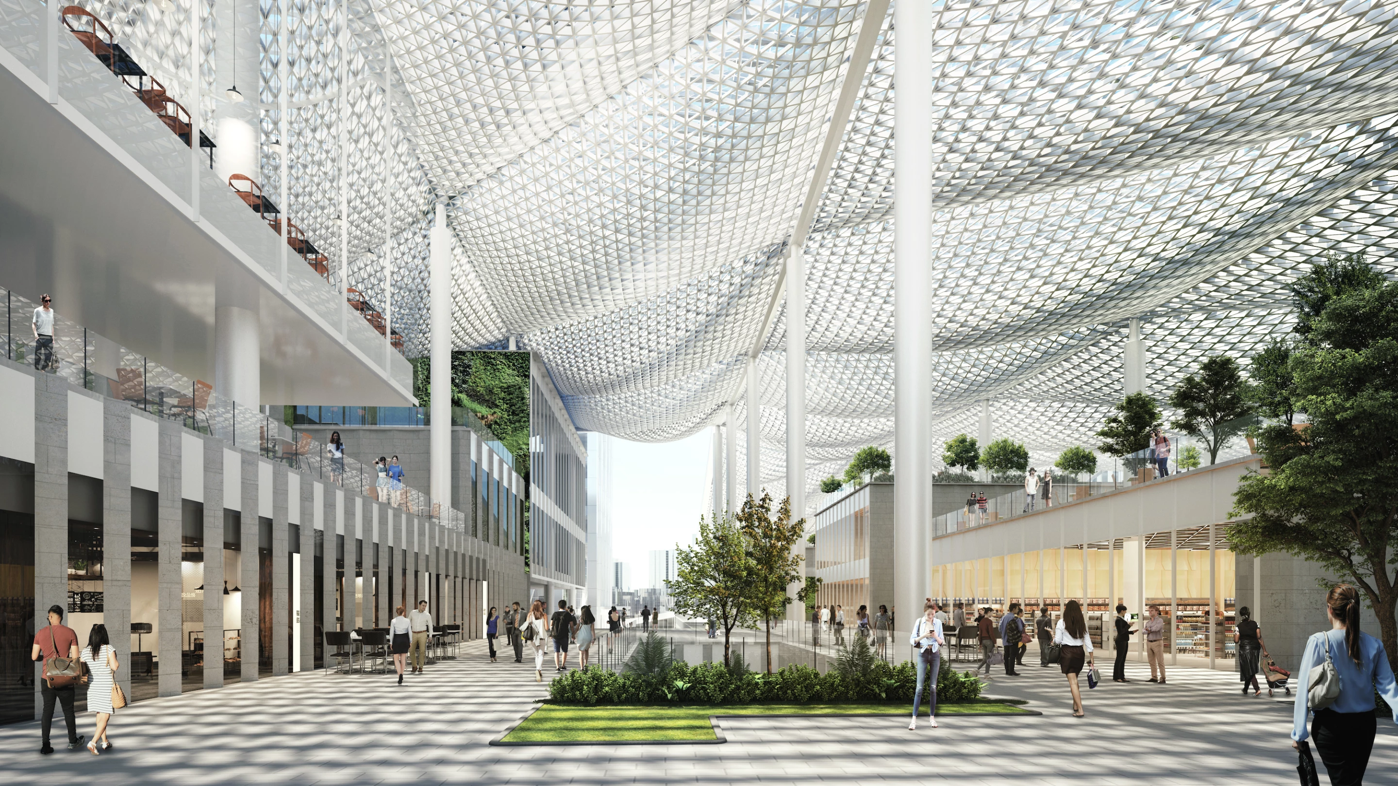 Jiuzhou Bay will feature five canopies that create a series of covered pedestrian alleyways and courtyard areas along the waterfront