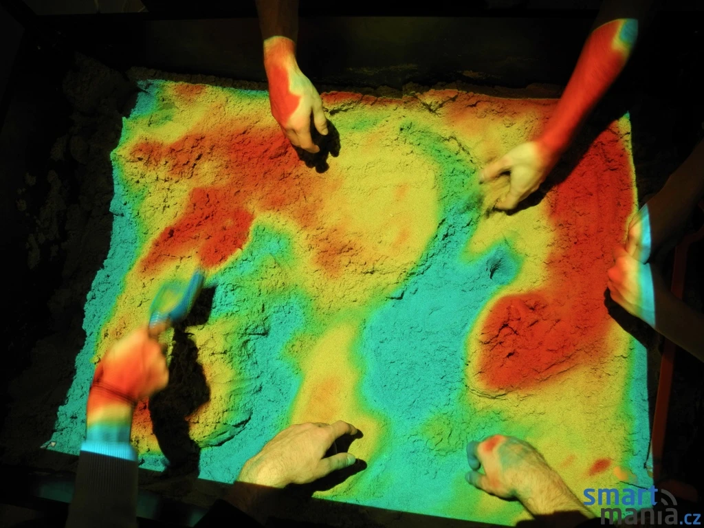 The SandyStation displays the topographical information on top of the sandbox as a series of specific colors.