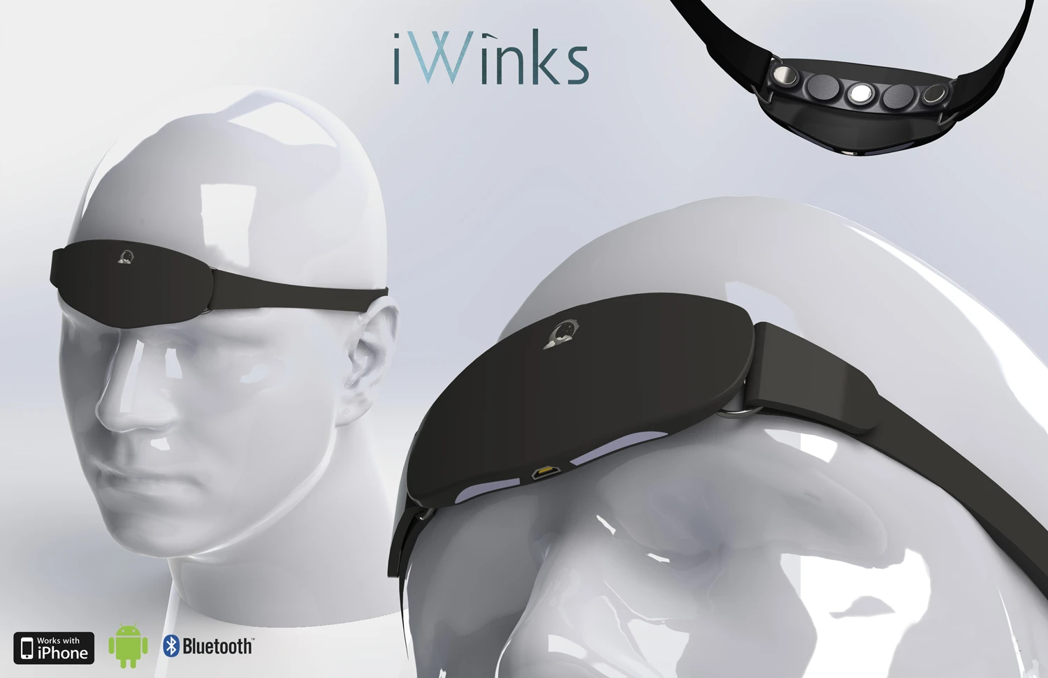 Different angles of the dream-enhancing Aurora headset, with the angle looking up showing the LEDs are in a light tunnel configuration