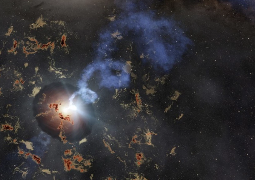 Artist’s representation of AT2022tsd, aka the Tasmanian Devil FLBOT event. The image shows one possible explanation – of a black hole accumulating matter and powering a jet