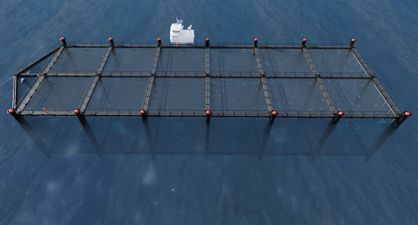 Walkways along the top of the SeaFisher allow workers to access the pens