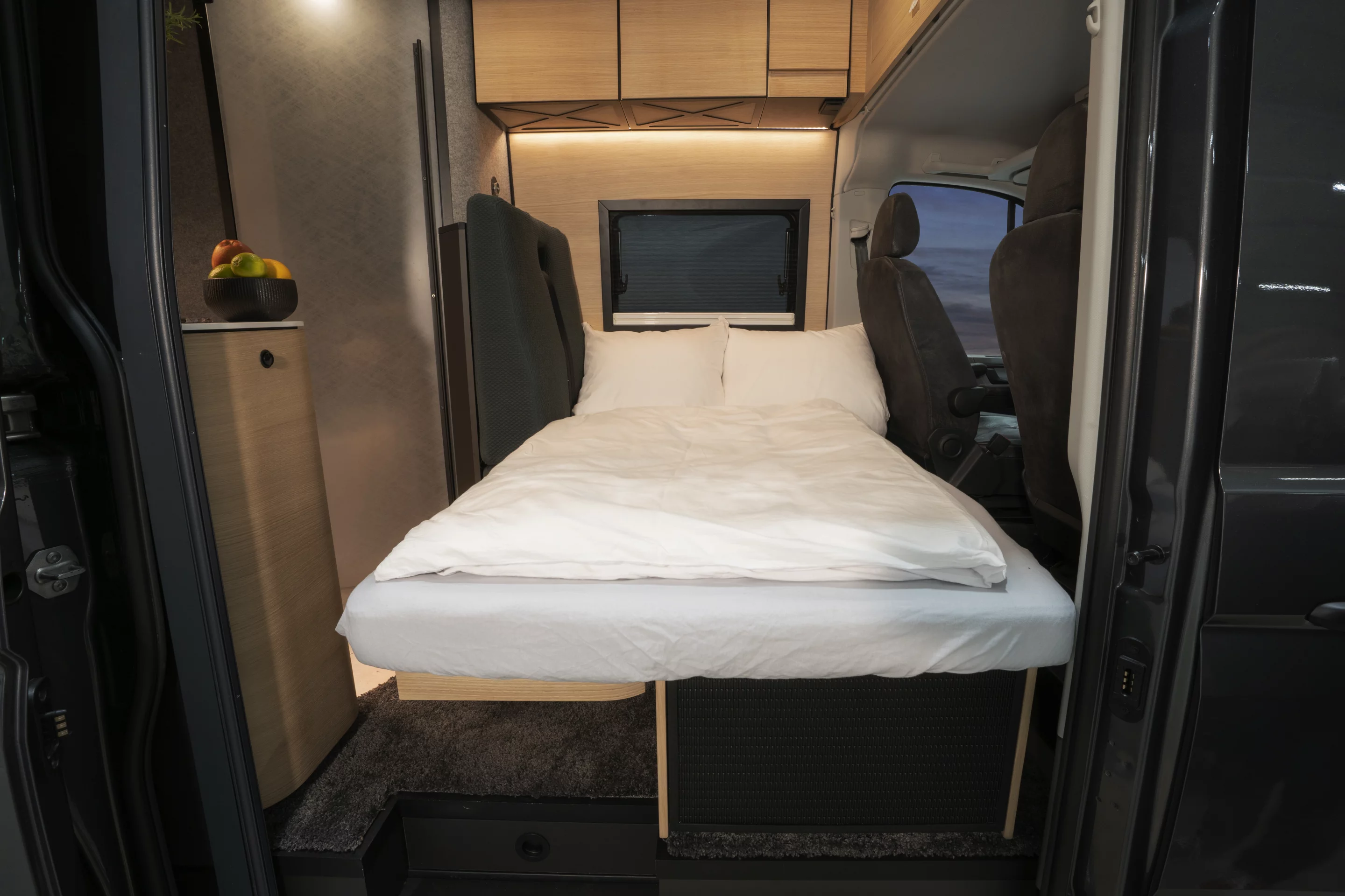 The Loef traverse bed up front is short for adults but can sleep two children comfortably