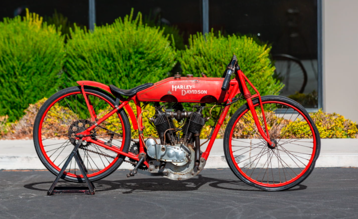 This 1920 Harley-Davidson Board Track Racer sold for $143,000 as Lot S145 at Mecum Auctions' Las Vegas sale on Saturday, 29 January 2022. The bike was accompanied by a number of historical artifacts including the photo below, a winning trophy from 90 years ago, plus the helmet and goggles of Dewey Sims, famous board track racer of the period. This bike was Dewey’s bike and if you compare the above image with the below image, you’ll recognise it from the details.