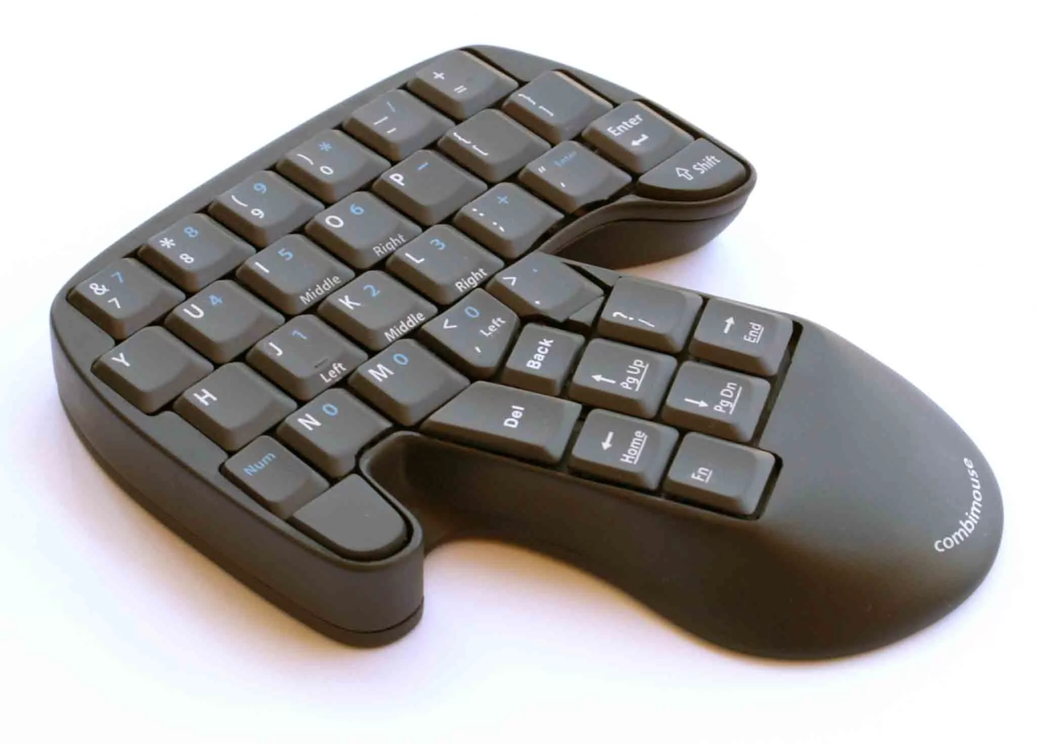 The rather odd-shaped keyboard/mouse combination has specific keys assigned two or three click button behavior when in mouse mode