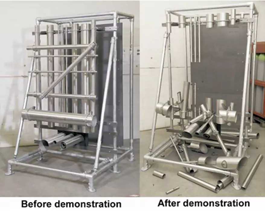 A tangled array of 25-150 mm (1-6 in) stainless steel tubes demolished in 15 minutes by over 50 5 kW laser cuts, penetrating both the tubes and the mounting fixtures (Photo: TWI)