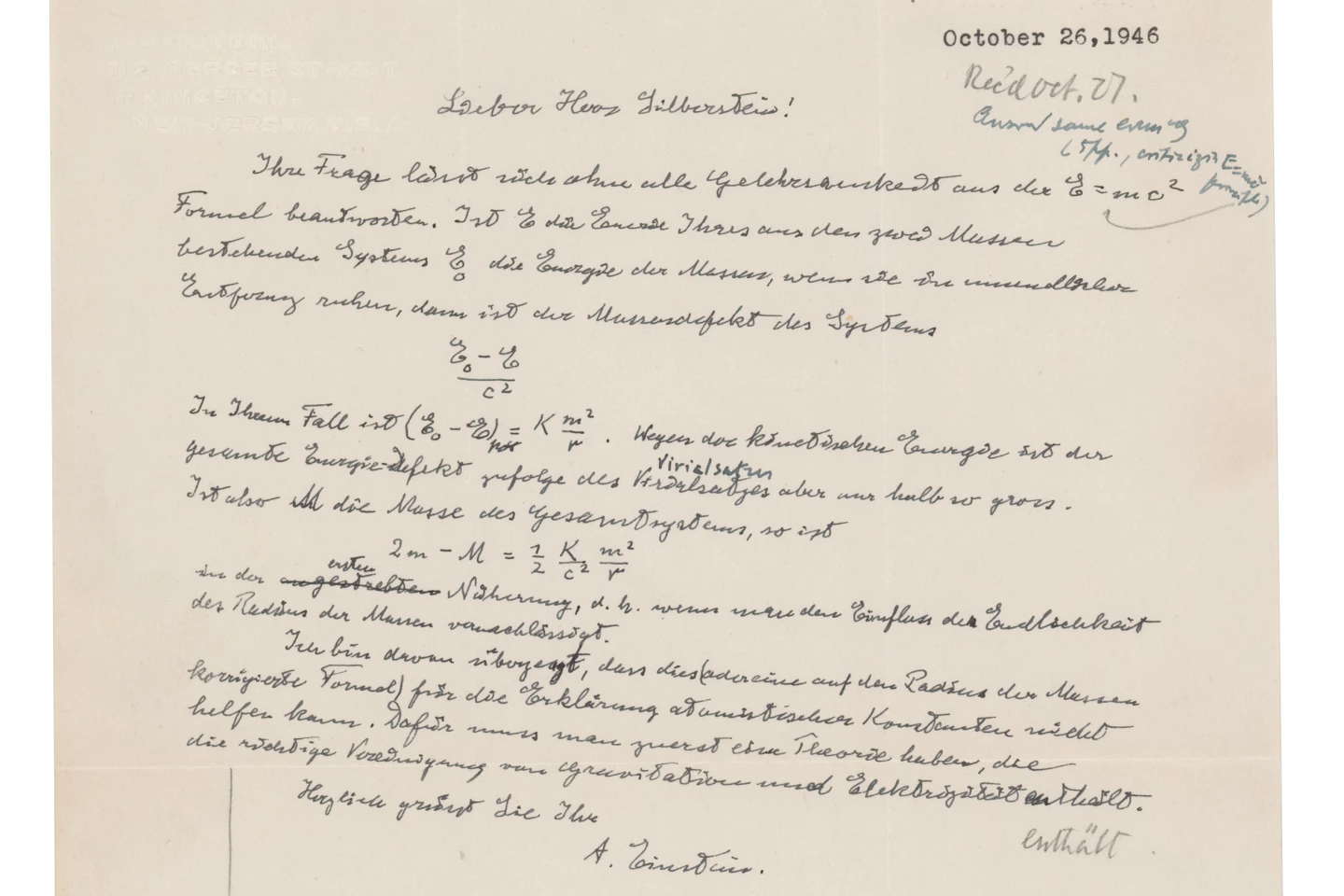 Invoking the immutable laws of supply and demand, this one page handwritten letter from Albert Einstein to Dr. Ludwik Silberstein, in German, on personal Princeton letterhead, and dated 26 October 1946, sold for $1,243,708. The letter contains the singular known holograph in private ownership of Einstein most famous equation "E = mc2.”
