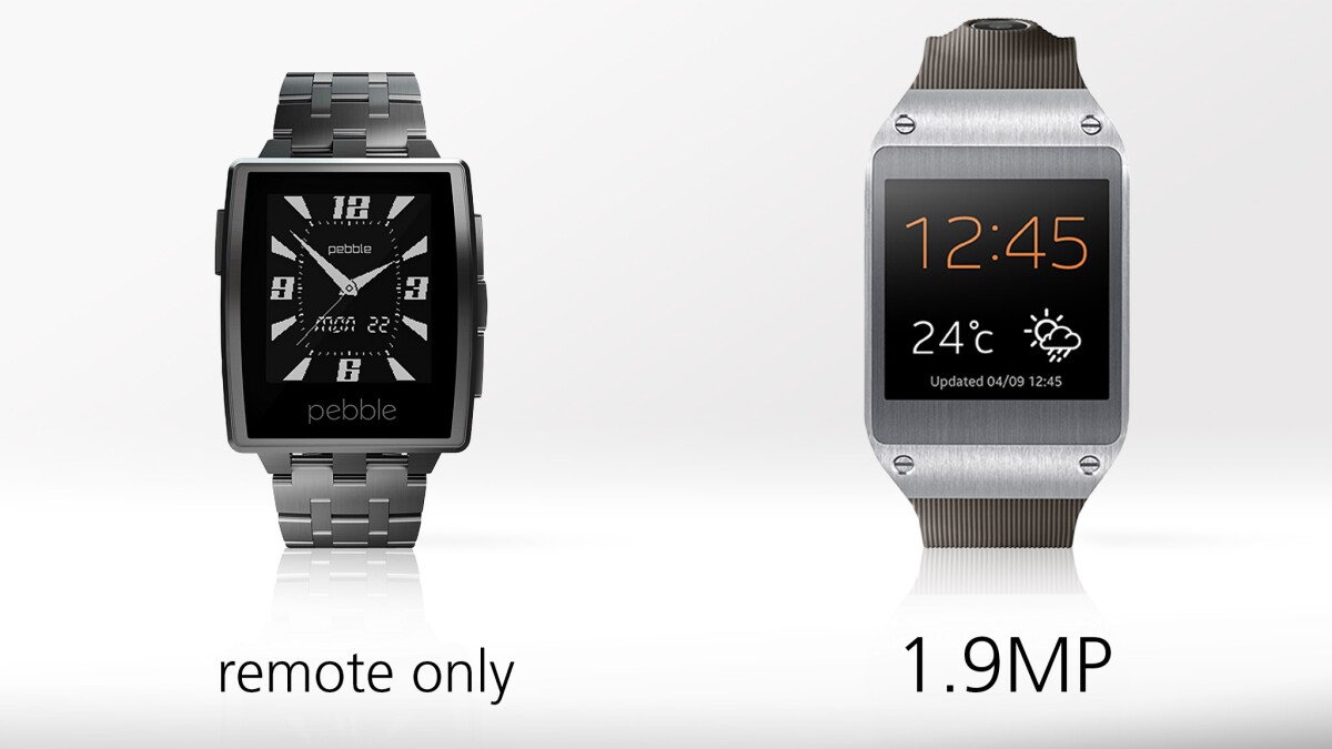 The Galaxy Gear has a camera in its band, while the Pebble Steel can serve as a remote shutter for your phone's camera