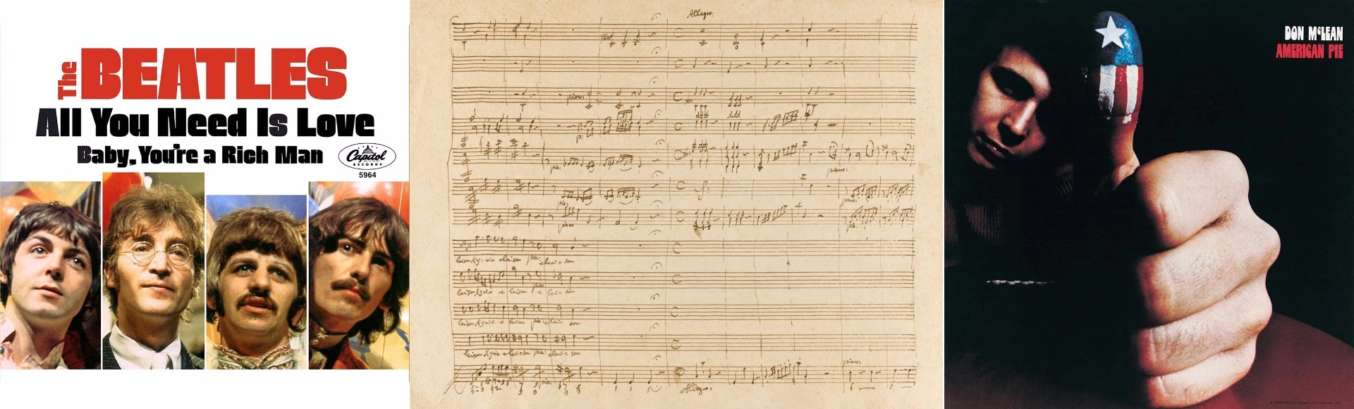 Several handwritten lyrics to popular songs have fetched similar amounts at auction to Einstein's groundbreaking paper, with John Lennon's original words for the Beatles' 'All You Need is Love' fetching $1.25 million, Don McLean's handwritten lyrics to 'American Pie' fetching $1,205,000 and the two-page words written by John Lennon for 'A Day in the Life' from the Beatles' 1967 album Sgt. Pepper's Lonely Hearts Club Band fetching $1,202,500. Popular culture outsells most comparable genres: Wolfgang Amadeus Mozart's autograph manuscript for 'The Kyrie in C' fetched $974,000.