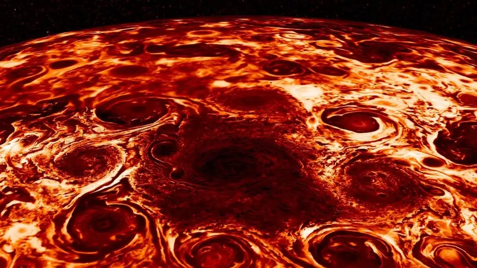 Composite image showing the central cyclone at Jupiter’s north pole and the eight cyclones that encircle it