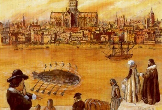 A painting of the period depicts the Drebbel submarine on the River Thames