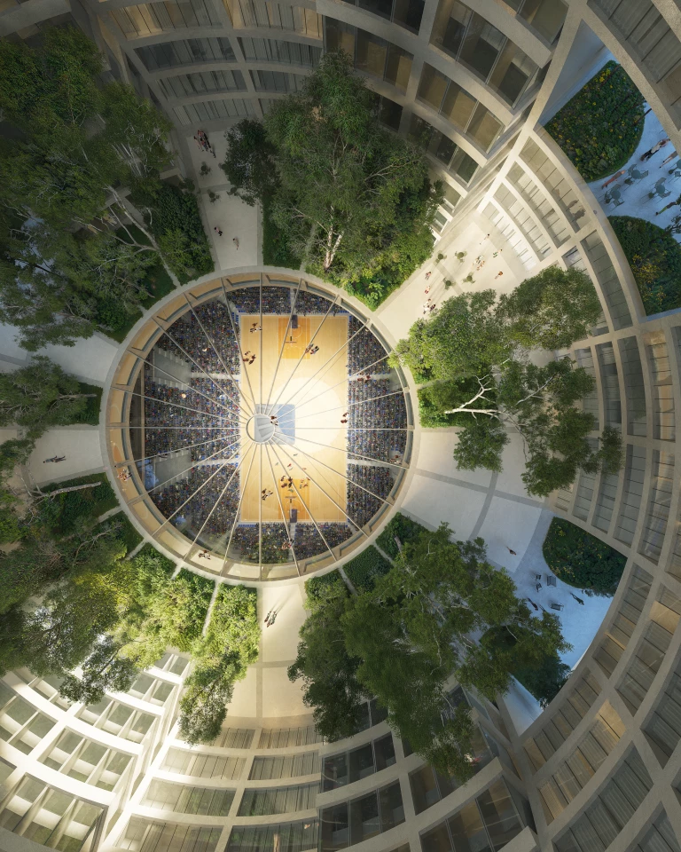 The upper floors of the Grand Ballroom will feature a residential courtyard offering views of the sporting activities below