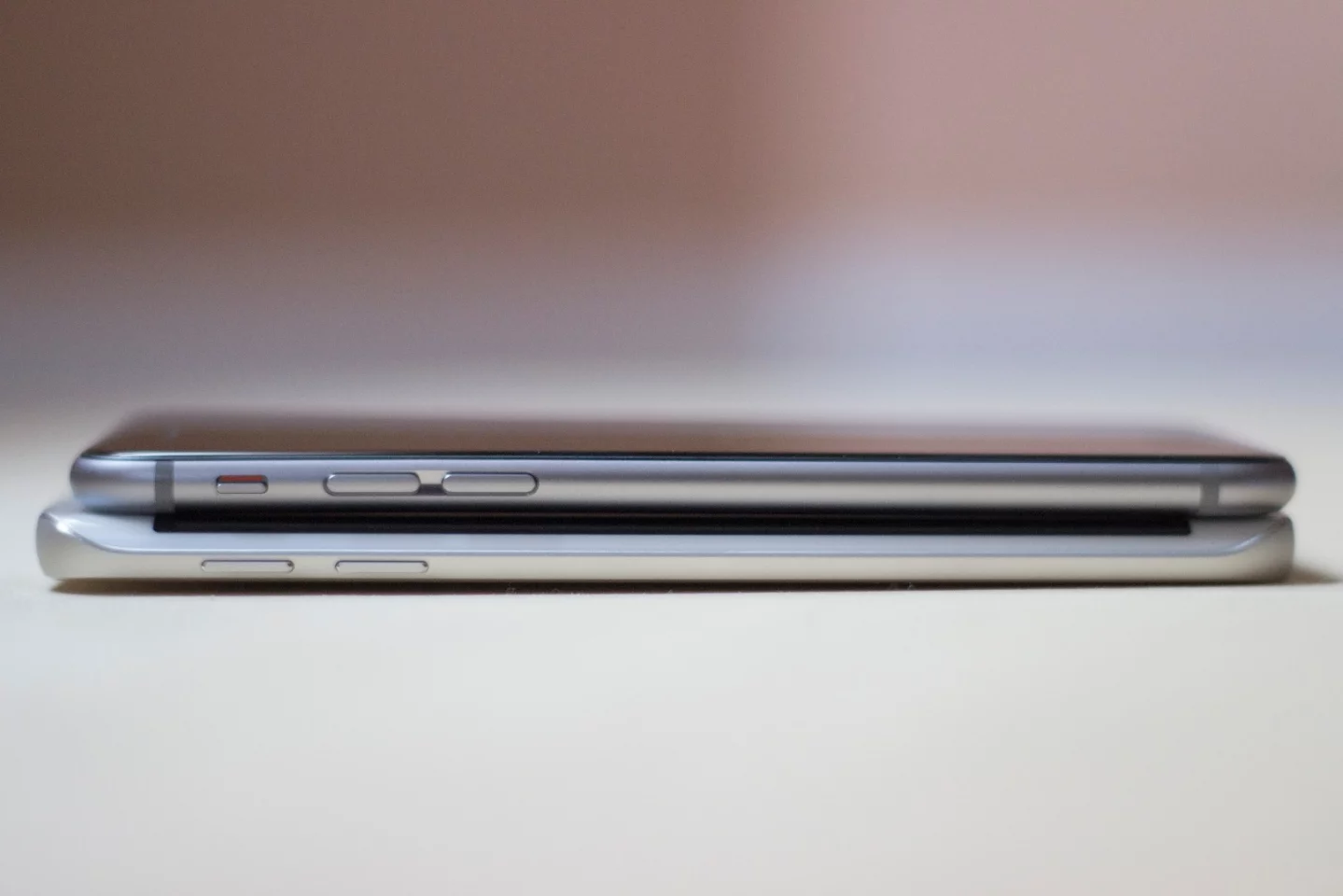 iPhone 6 on top of the Galaxy S6 edge (both are nearly equally thin)