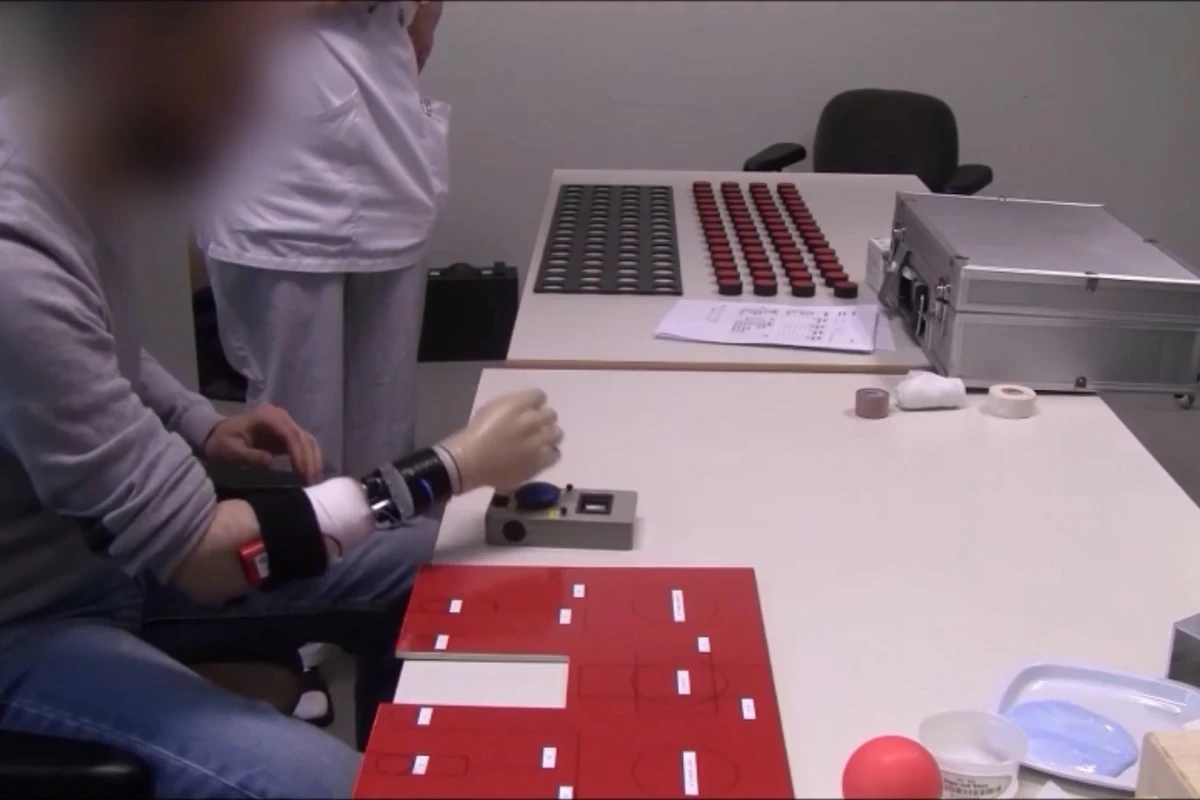 Artificial wrist and hand prosthesis seen during testing
