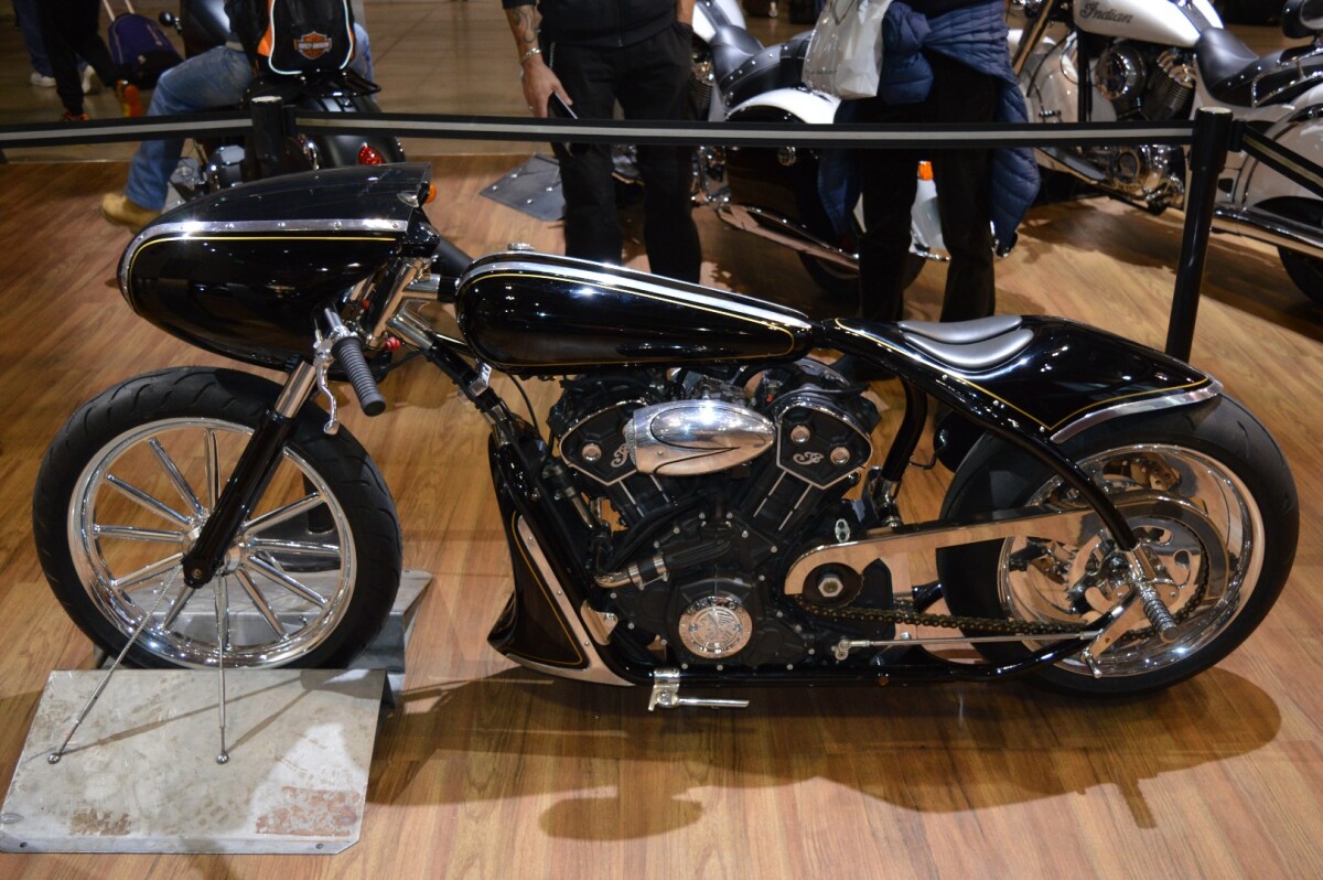 The Black Bullet Scout is a tribute to Burt Munro's Bonneville world land speed record on an Indian Scout
