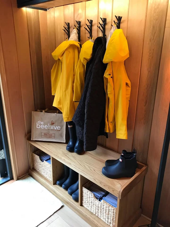 The treehouse entrance is dedicated to storing wet shoes and coats