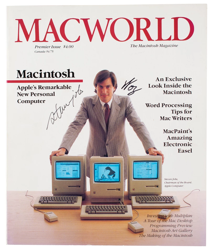 This Steve Jobs and Steve Wozniak Signed Issue of Macworld #1 (February 1984) was sold for $201,021 at RR Auction on 19 August 2021