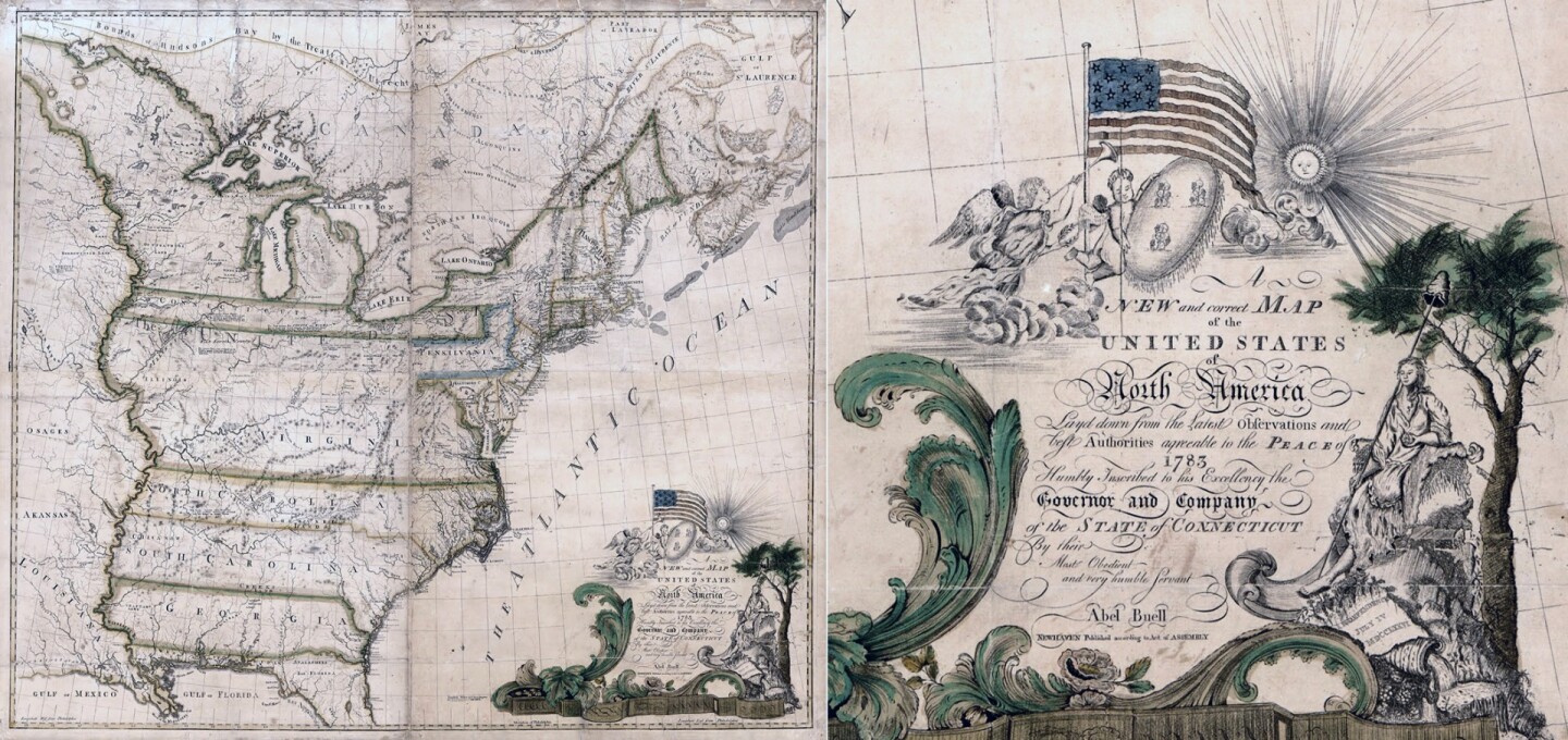 This is the first map of the United States printed in America by an American and one of just seven extant copies. It depicts the boundaries of the new American nation and shows the "Stars and Stripes" for the first time.