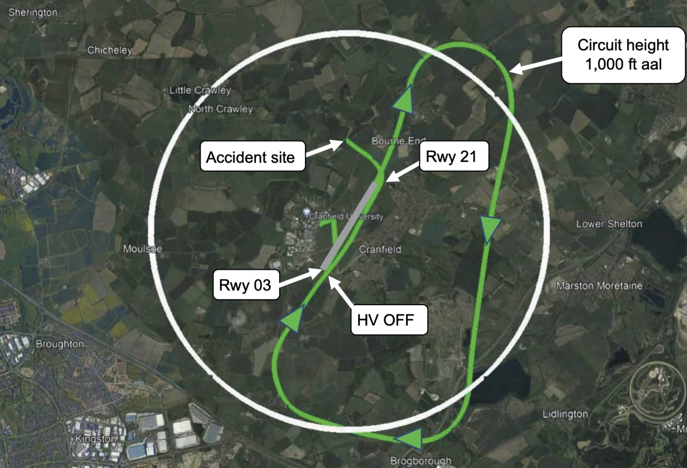 The test plane's flight path around Cranfield airport