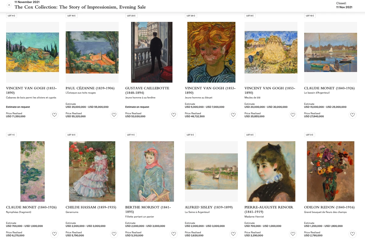 The Cox Collection sold for $332,031,500 at Christie's on 11 November 2021