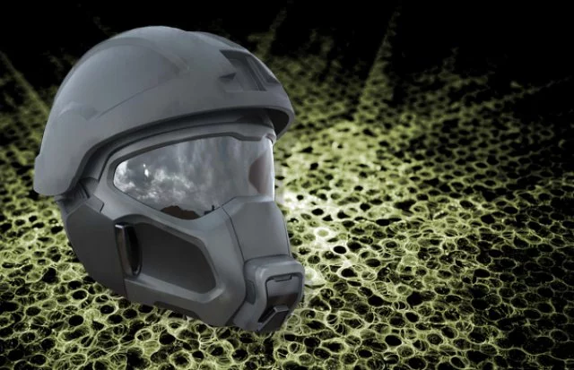 Army researchers envision a fan embedded within the mask's filtration system that uses less power, is lighter and is far less bulky than conventional respirators (Image: U.S. Army illustration)