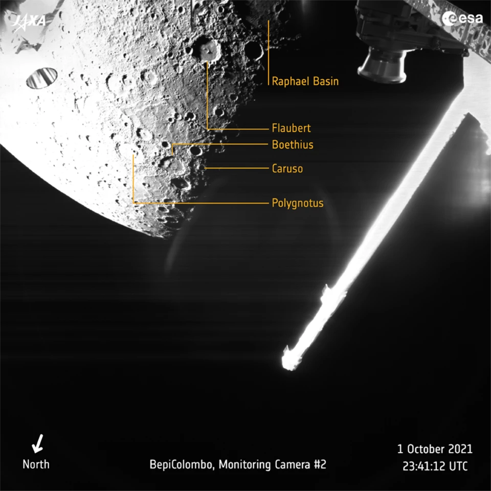 Annotated image of the 342-km (212-mile) Raphael crater, and nearby craters and surface features