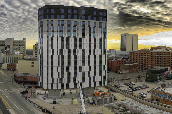 Liftbuild has nearly completed its first top-down skyscraper build in Detroit