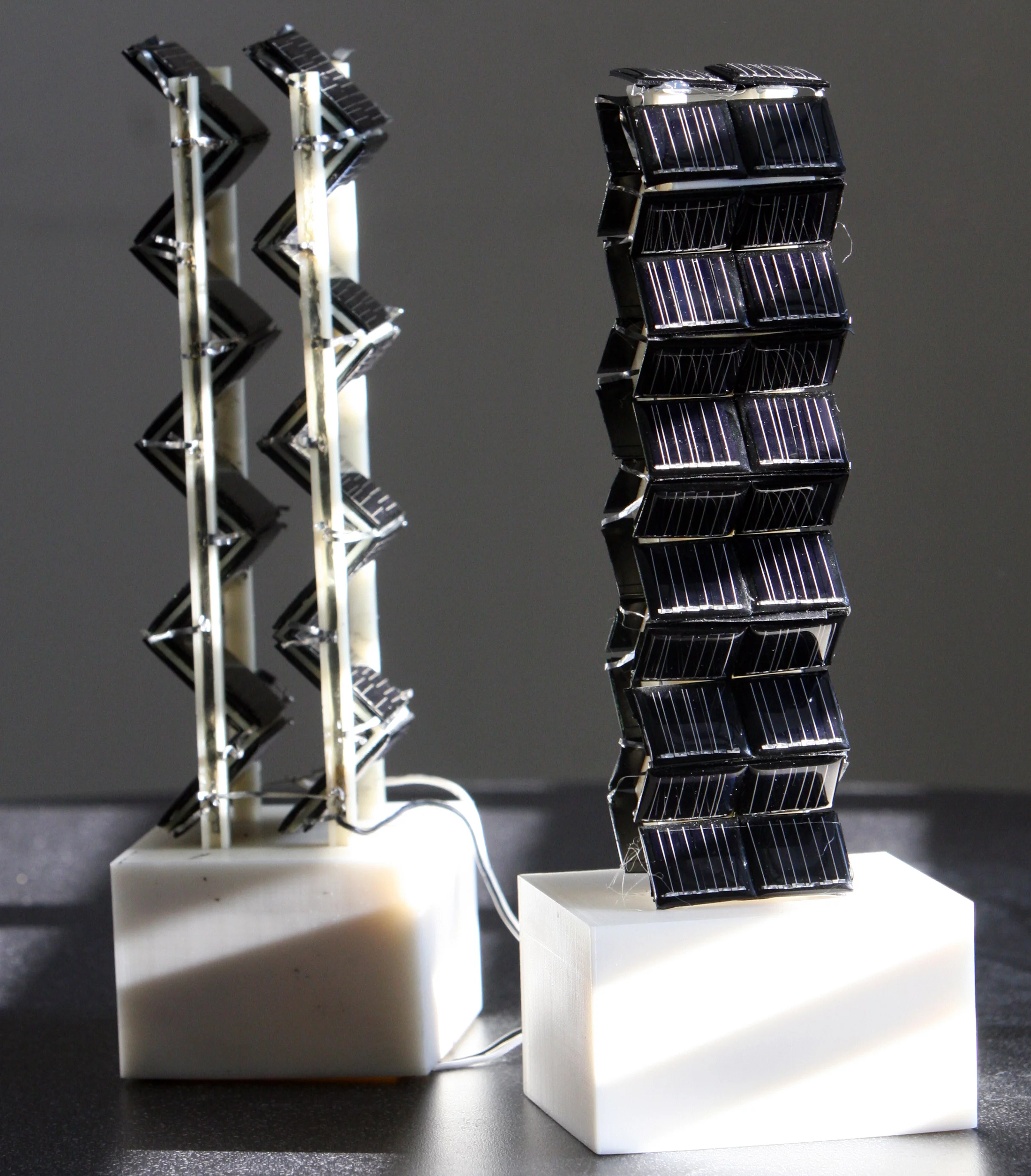 Two of the 3D PV arrays tested by MIT researchers that showed a boost in power output ranging from double to more than 20 times that of fixed flat solar panels with the same base area (Photo: Allegra Boverman)
