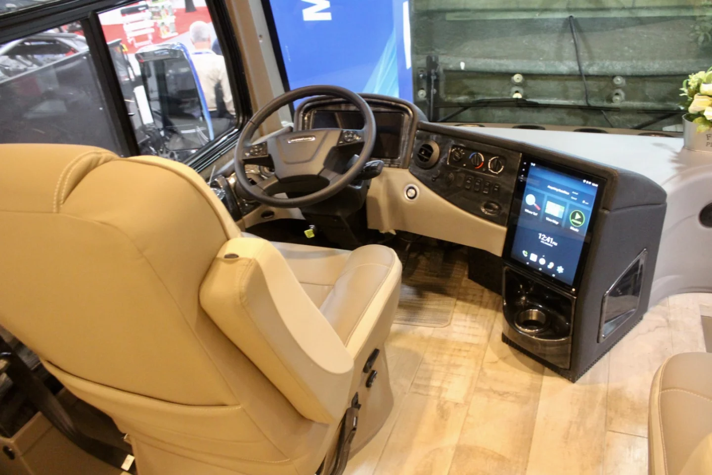 The Tuscany Lithium concept also previews the upcoming Thor cockpit with Freightliner OptiView digital cockpit and 15-in Garmin infotainment system