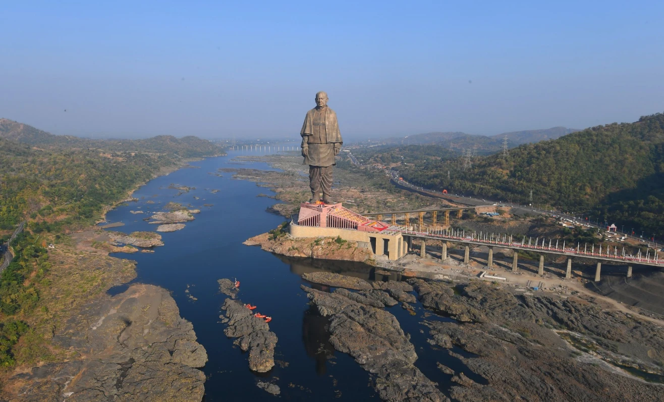 The Statue of Unity stands 597 ft (182 m) tall, almost twice the size of the Statue of Liberty