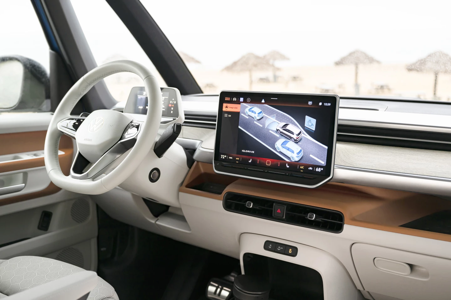 Shown here in a "Dune" interior, the VW ID. Buzz comes with a 12.9-in infotainment display