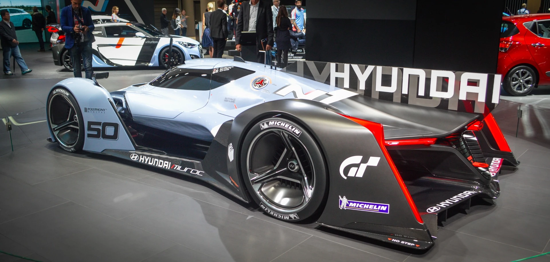 Hyundai imagines a dual fuel cell stack combining with a supercapacitor system to power the 871-hp (650-kW) race car