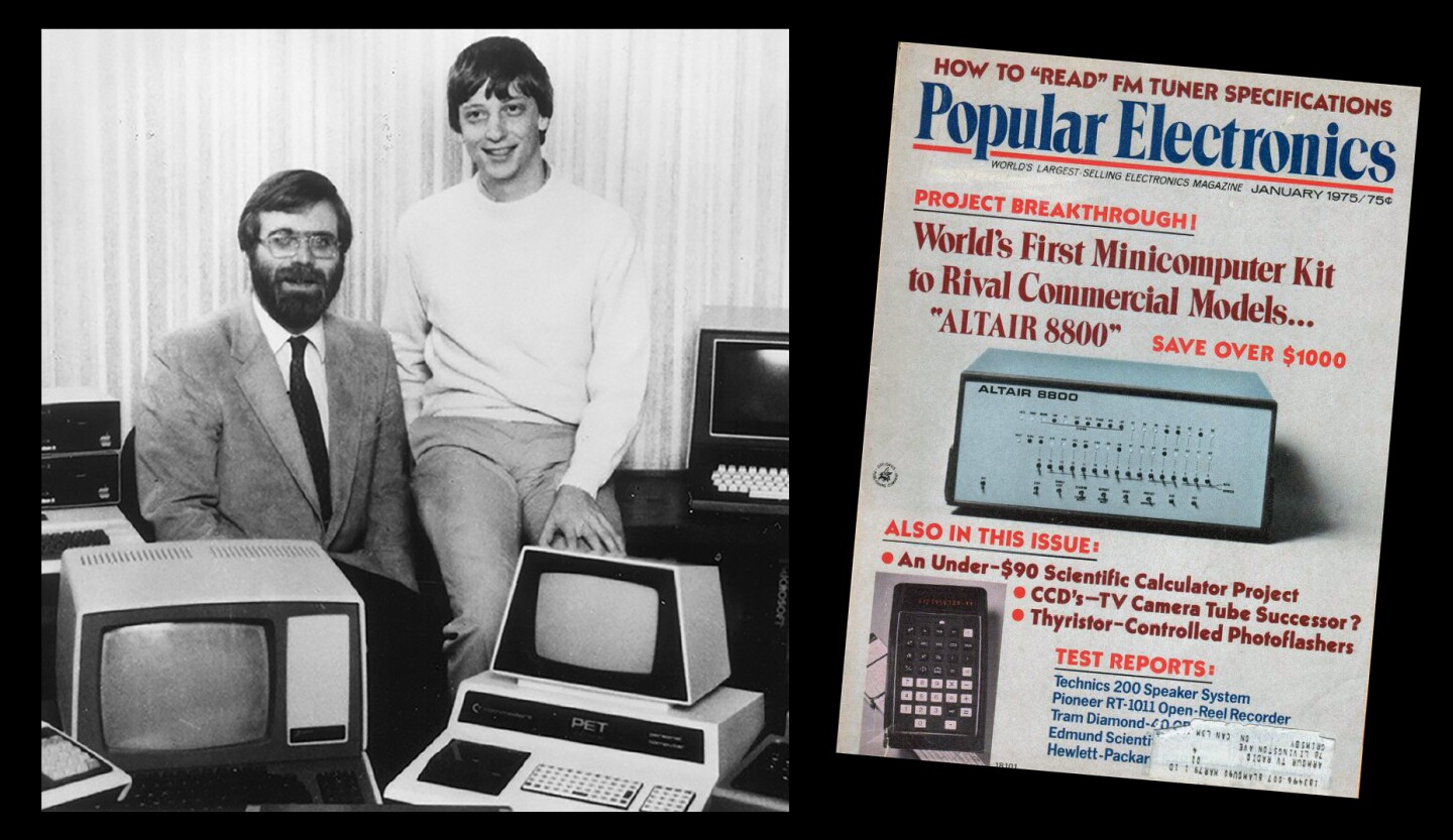 Paul Allen and Bill Gates circa 1982 and the front cover of Popular Electronics which helped catalyze the personal computer industry