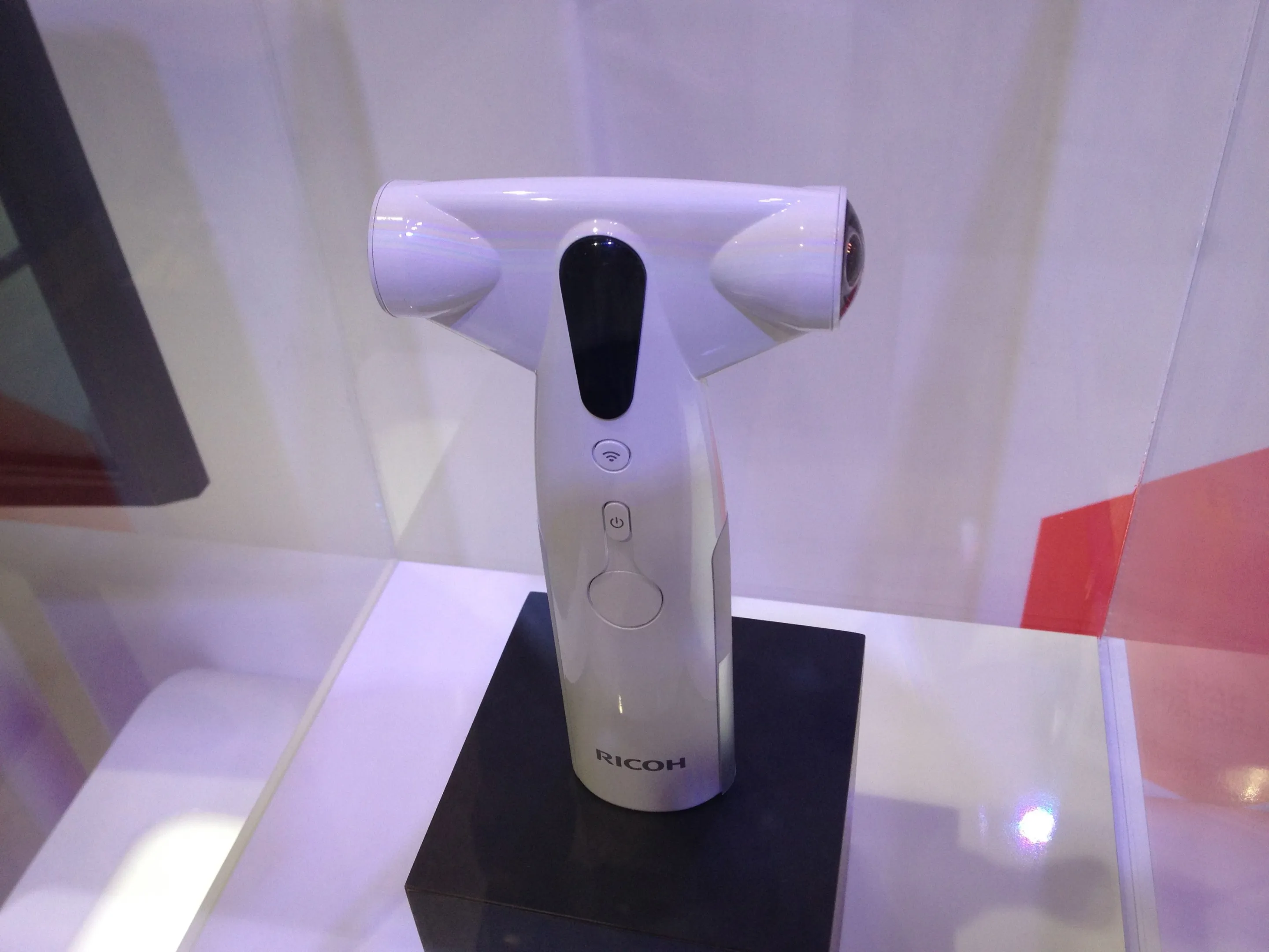 The front view of Ricoh's new 360-degree one shot panoramic camera