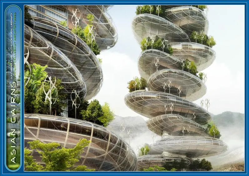 Each "farmscraper," as the group calls them, would consist of a central tower with a series of pebble-like sections spiraling upwards around it and growing smaller toward the top