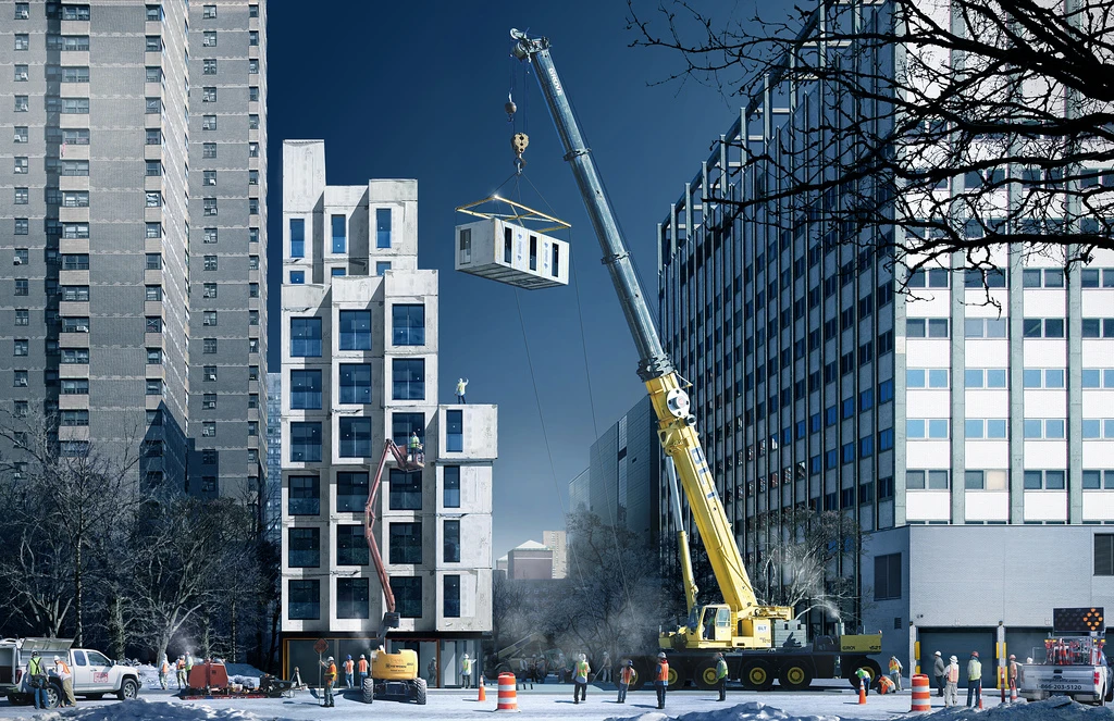 The building will join the city's Atlantic Yards project in constructing modular pre-fabricated units at the Brooklyn Navy Yard